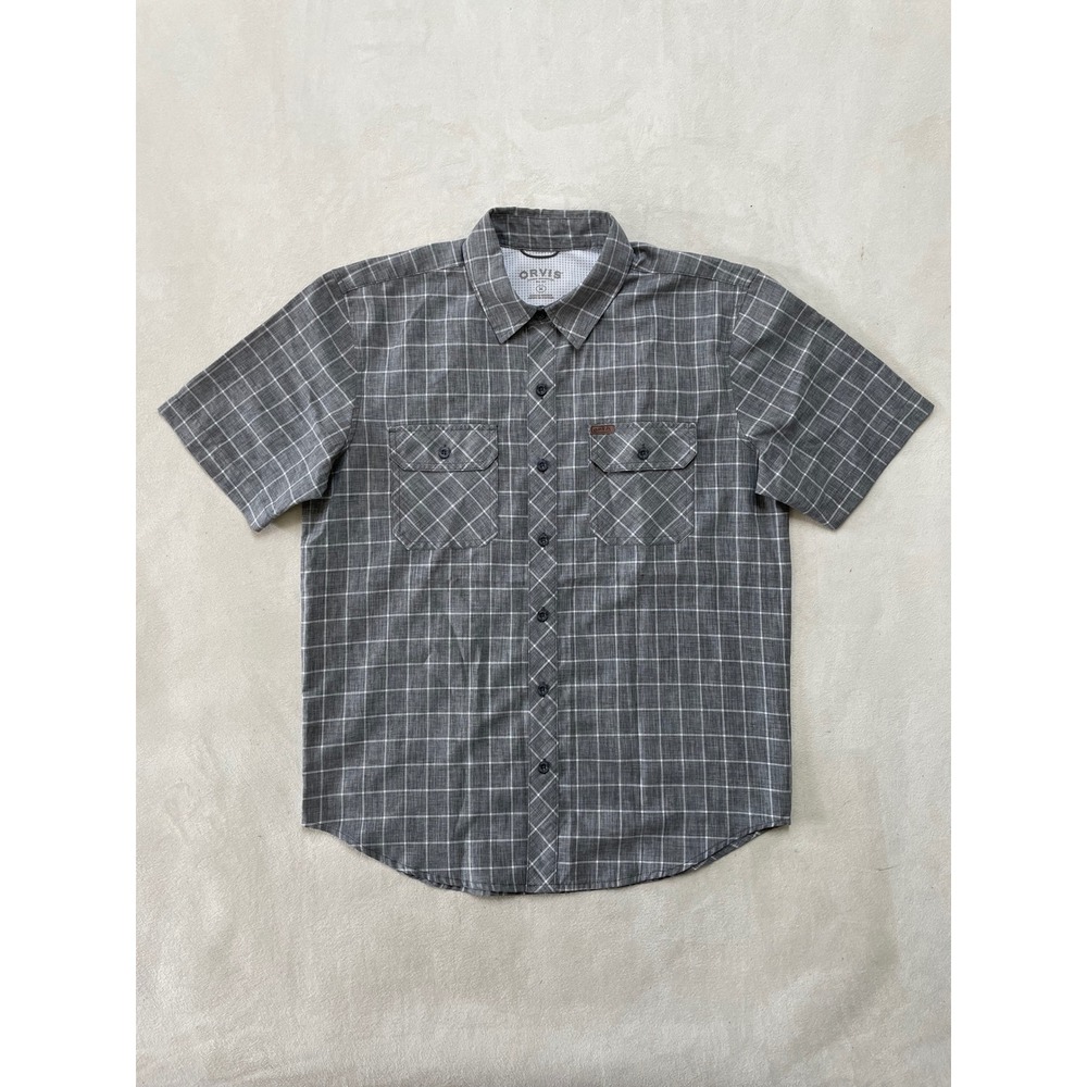 Orvis Mens Gray Grid Plaid Short Sleeve Button Up Shirt Size Medium Polyester